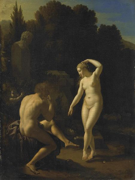 A nymph dancing before a shepherd playing a flute.